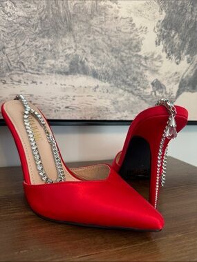 Satin Red Crystal-Trim Pointed Toe Slingback Heels